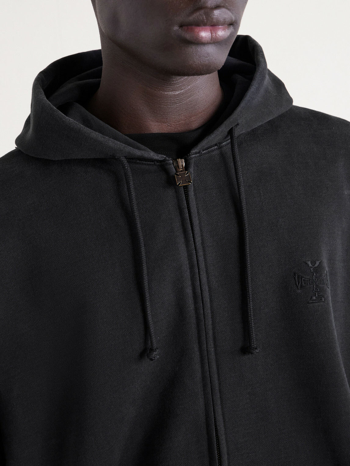 VETEMENTS - Logo-Embroidered Cotton-Jersey Zip-Up Hoodie - Black