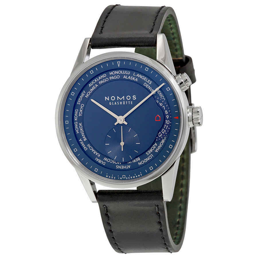Nomos Zurich Weltzeit Nachtblau Blue Dial Black Leather Mens Watch 807