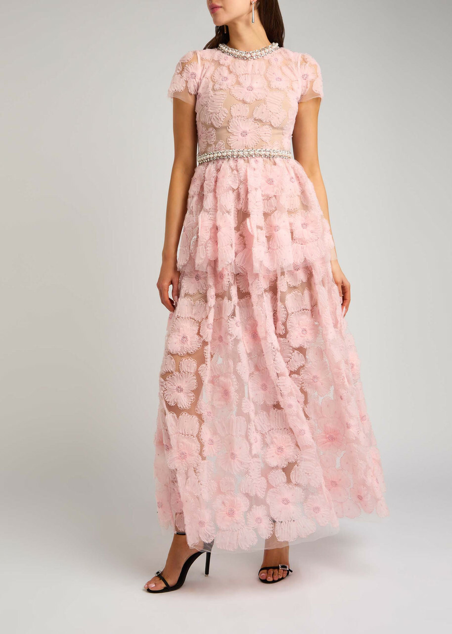 Self-portrait Embellished Floral Tulle Maxi Dress Pink