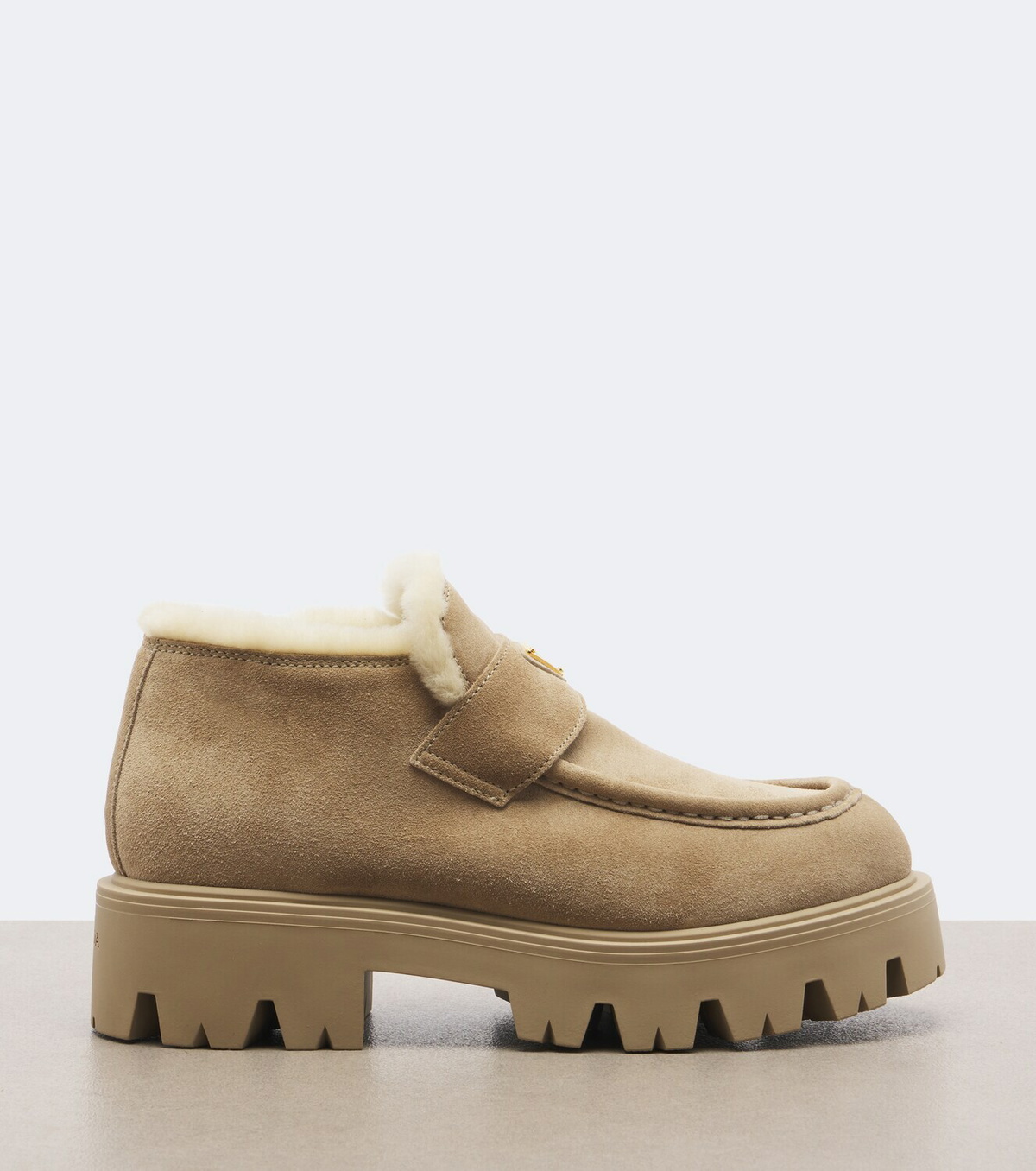 Prada Shearling-trimmed suede platform ankle boots