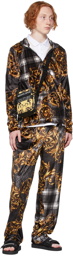 Versace Jeans Couture Black Tartan Baroque Print Velour Lounge Pants