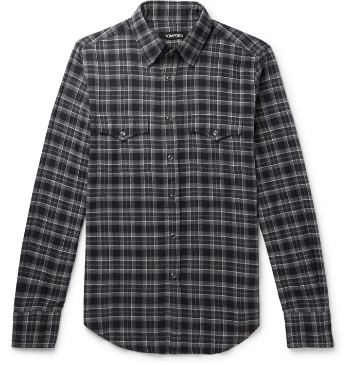 Photo: TOM FORD - Mickey Slim-Fit Checked Cotton-Flannel Western Shirt - Blue