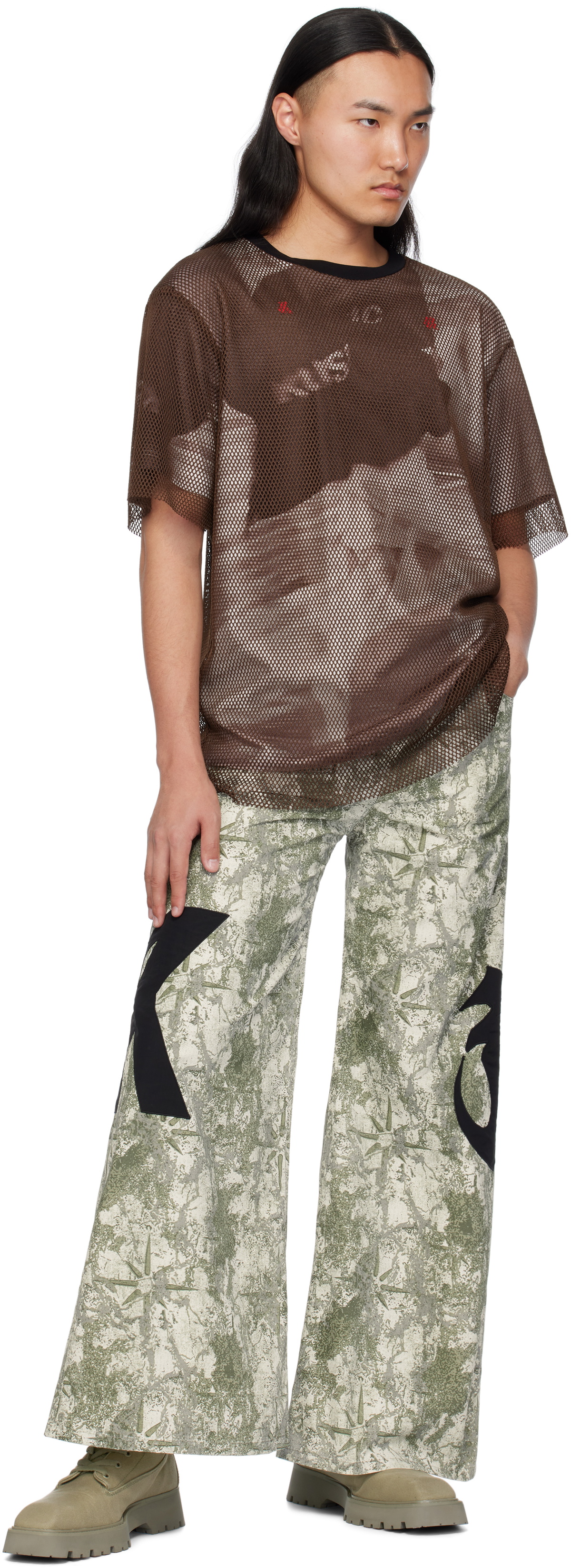 KUSIKOHC Brown Printed Mesh T-shirt