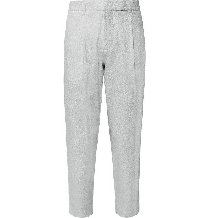 Photo: Theory - Page Tapered Stretch-Cotton Seersucker Trousers - Light gray