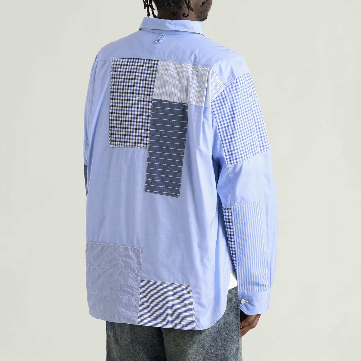 Junya Watanabe MAN Men's Patchwork Cotton Twill Check and Stripe S in Saxe Mix