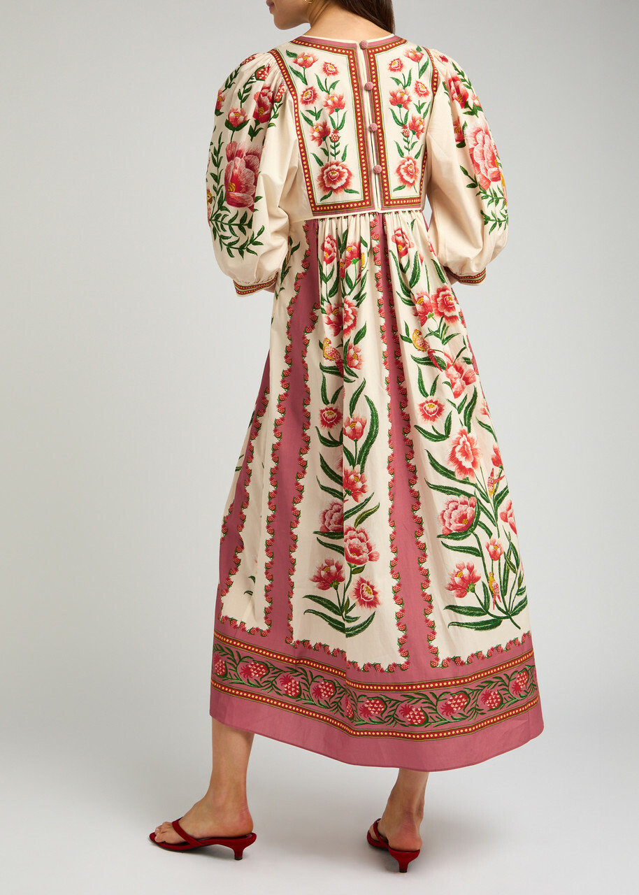 Farm Rio Ainika Printed Poplin Midi Dress Cream