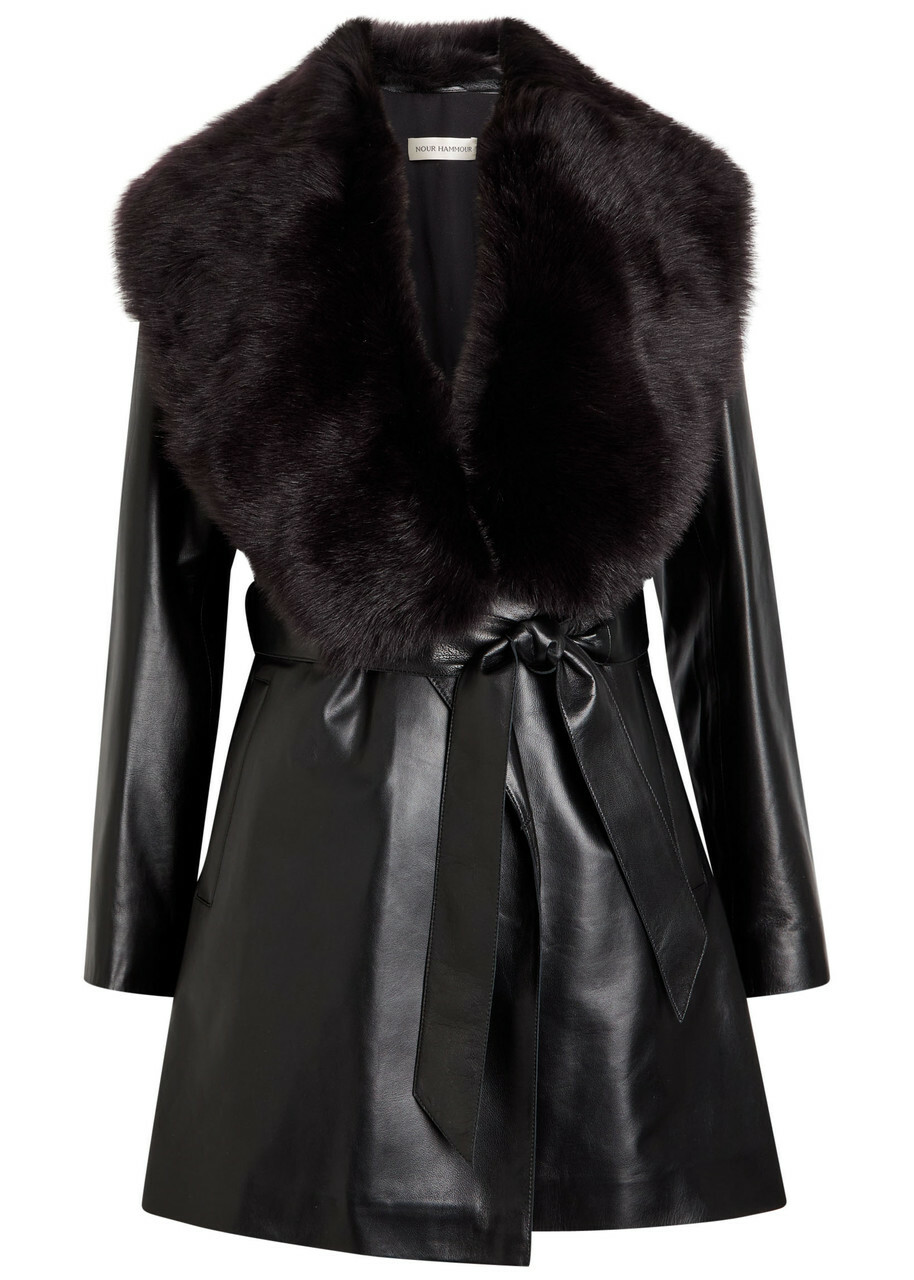 Nour Hammour Kelsey Fur-trimmed Belted Leather Jacket Black