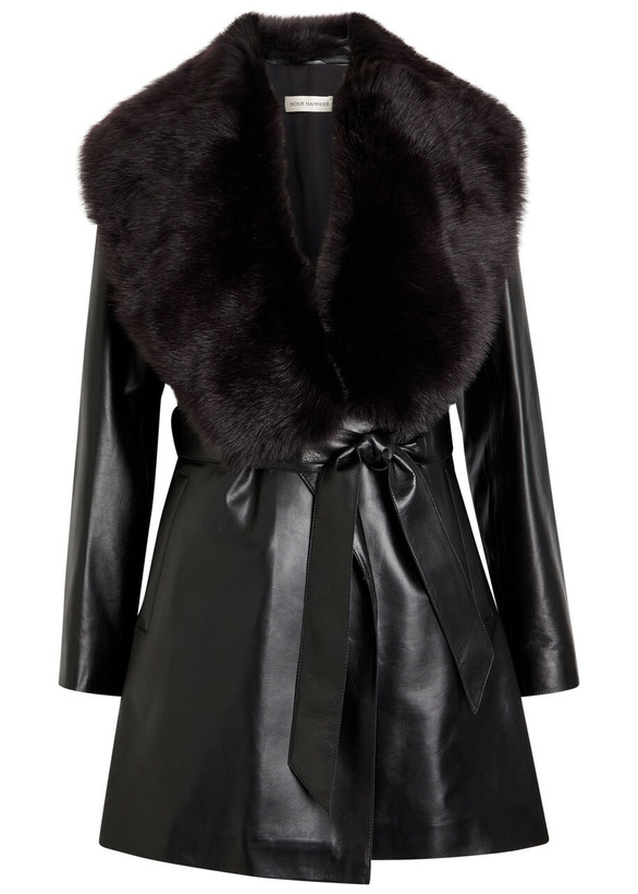 Photo: Nour Hammour Kelsey Fur-trimmed Belted Leather Jacket Black