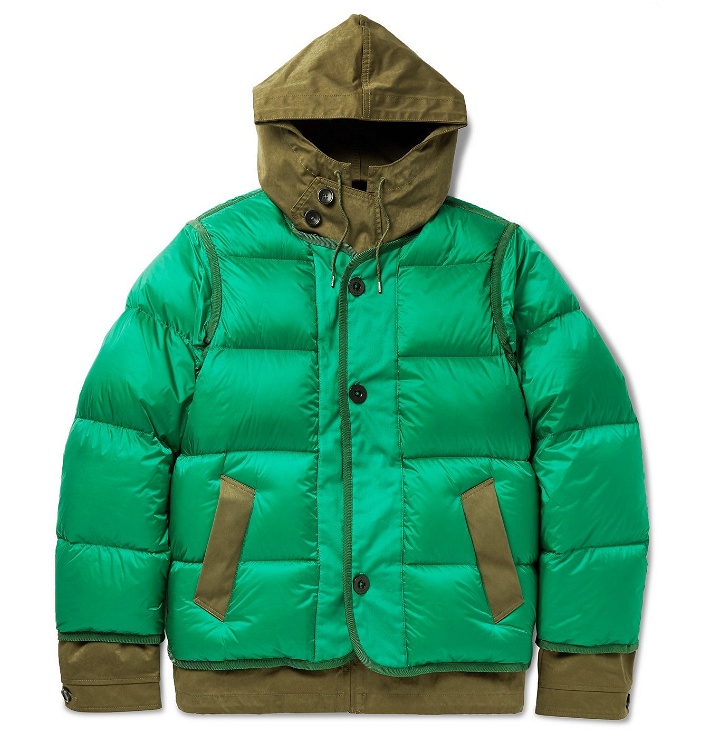 Photo: Sacai - Quilted Shell and Coated Cotton-Twill Hooded Down Jacket - Green