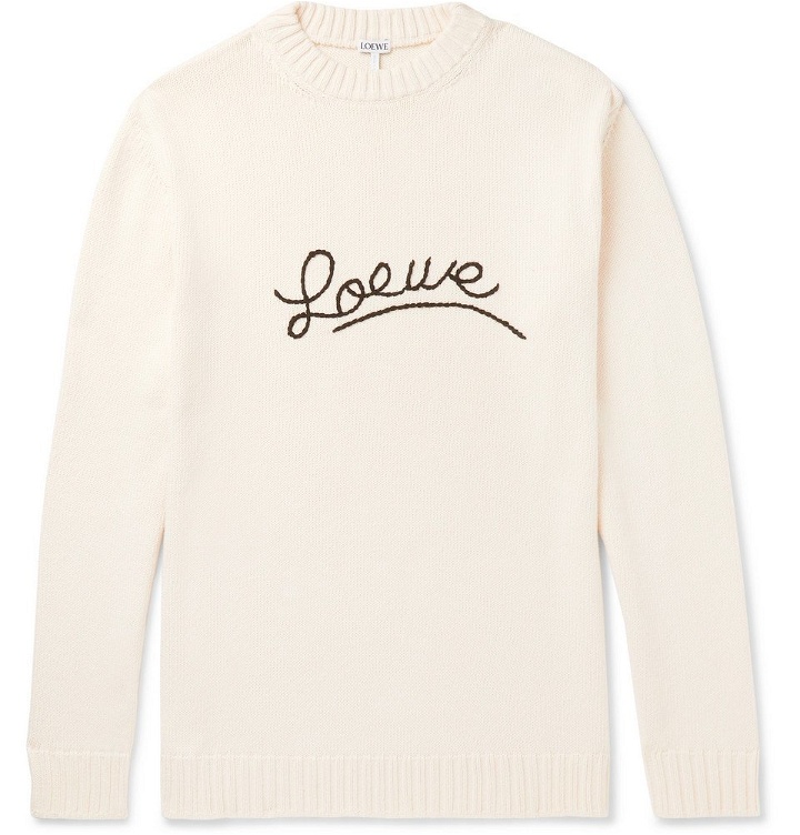 Photo: Loewe - Logo-Embroidered Cotton Sweater - Ecru