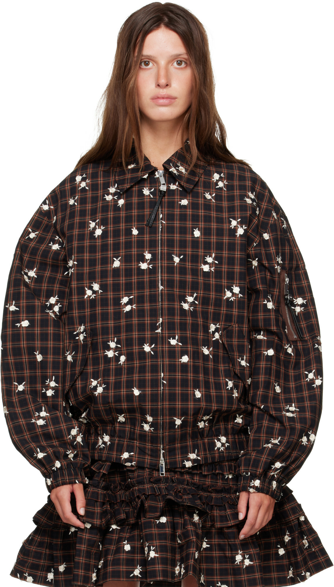 GANNI Brown Printed Check Bomber Jacket