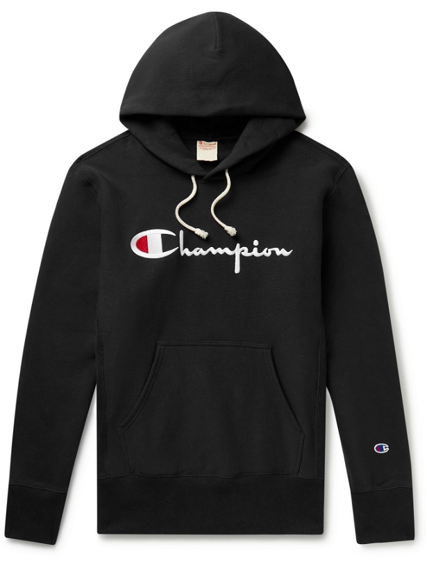 Photo: CHAMPION - Logo-Embroidered Fleece-Back Cotton-Jersey Hoodie - Black