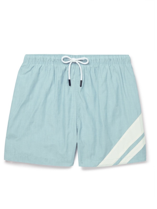Photo: Solid & Striped - The Classic Mid-Length Striped Swim Shorts - Blue
