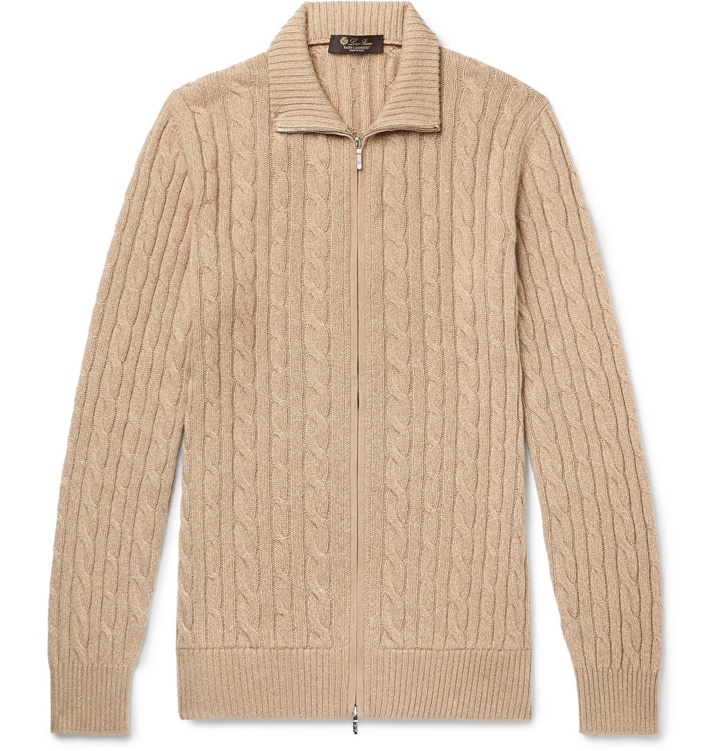 Photo: Loro Piana - Suede-Trimmed Cable-Knit Baby Cashmere Zip-Up Sweater - Neutrals