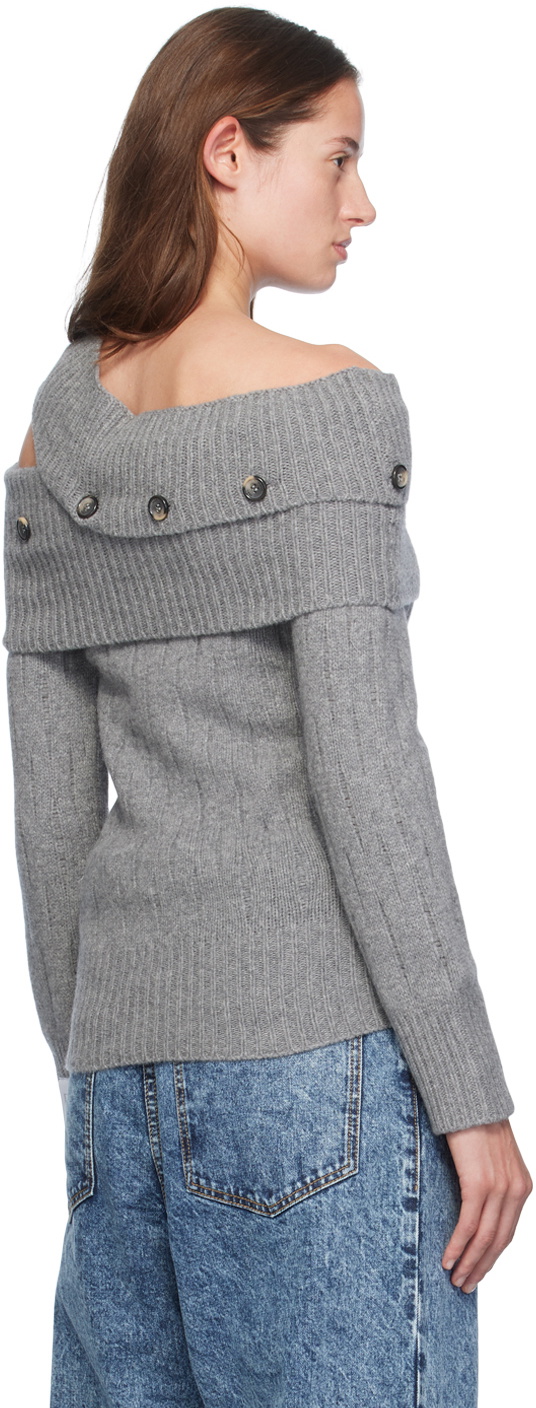 Rokh Gray Off Shoulder Multi Button Knit Sweater
