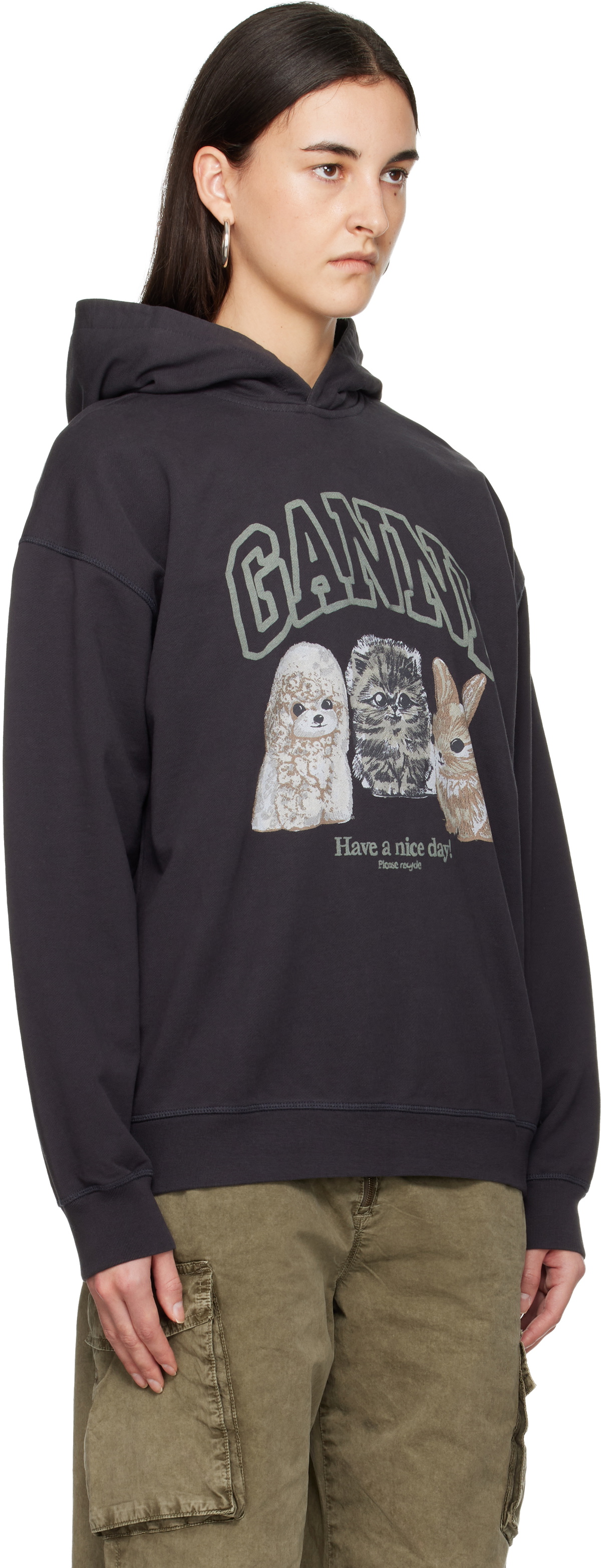 GANNI Black Animal Print Hoodie