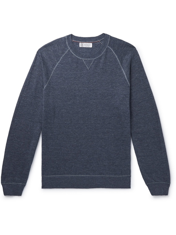 Photo: BRUNELLO CUCINELLI - Slim-Fit Mélange Linen and Cotton-Blend Sweater - Blue