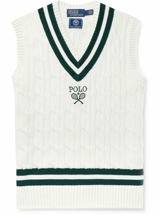 Photo: Polo Ralph Lauren - Wimbledon Logo-Embroidered Cable-Knit Cotton Sweater Vest - White