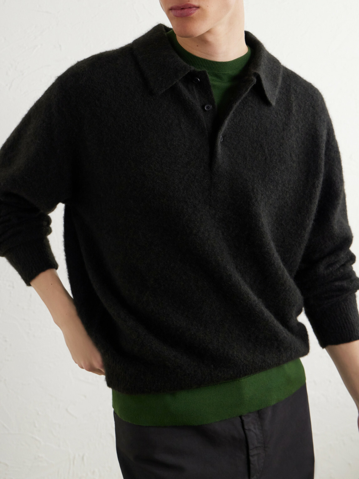 A.PRESSE - Brushed Cashmere Polo Sweater - Black