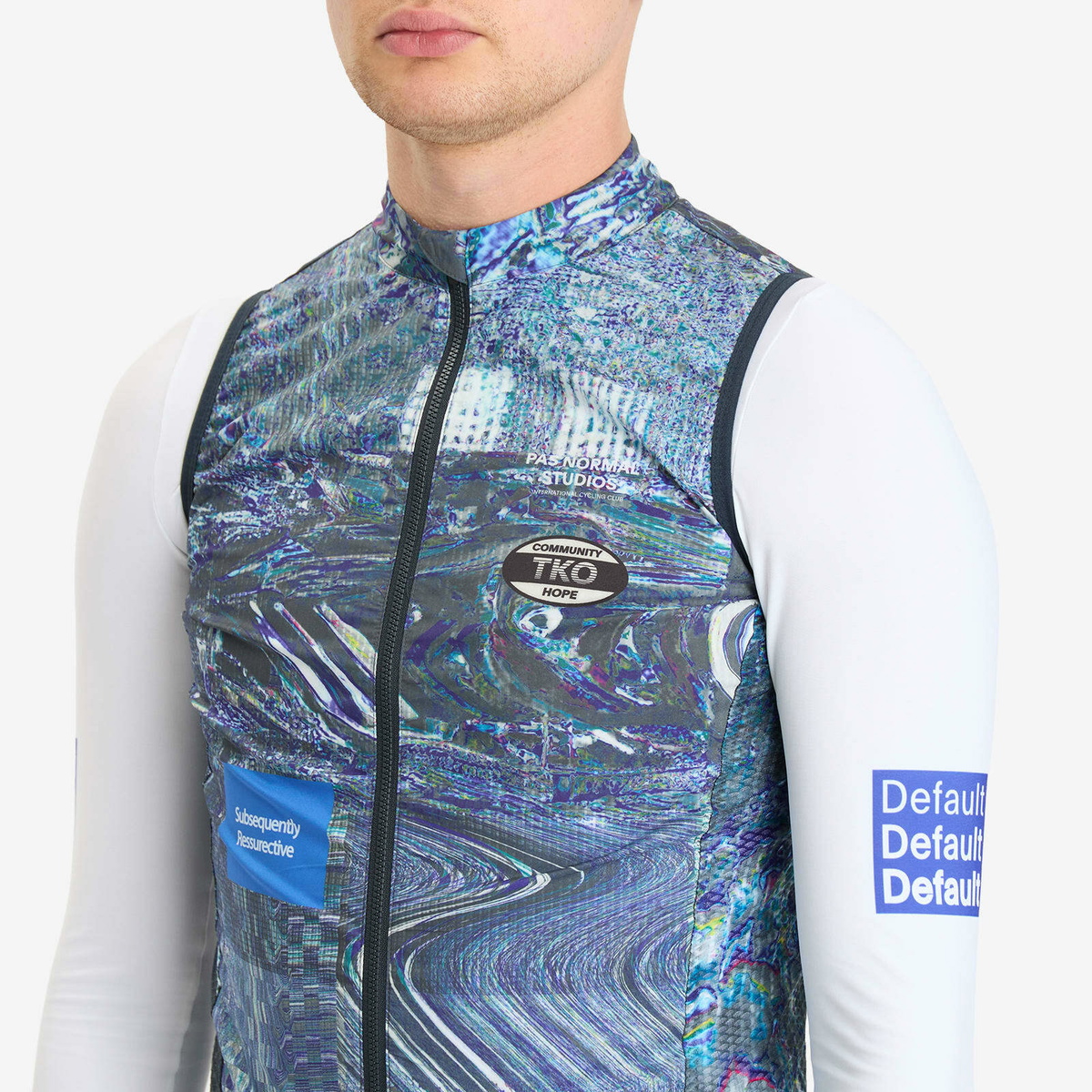 Pas Normal Studios Men's T.K.O. Mechanism Stow Away Gilet in Human Error Blue
