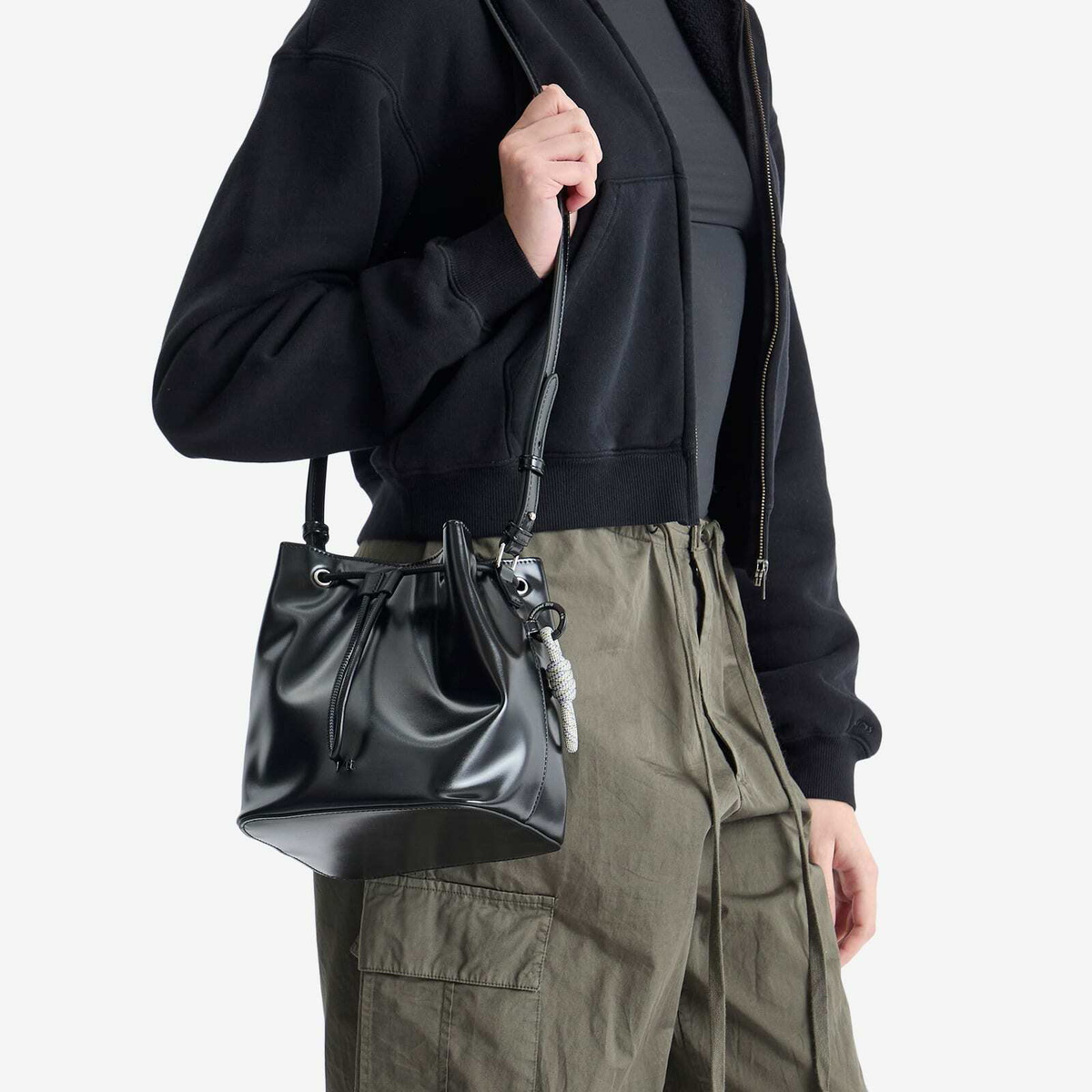 F/CE. Women's Tech Leather Drawstring Shoulder Bag in Black 