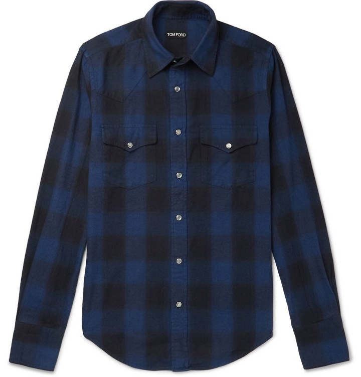 Photo: TOM FORD - Slim-Fit Checked Brushed-Cotton Western Shirt - Navy