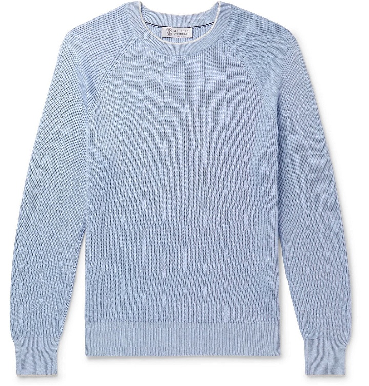 Photo: Brunello Cucinelli - Contrast-Tipped Ribbed Cotton Sweater - Blue