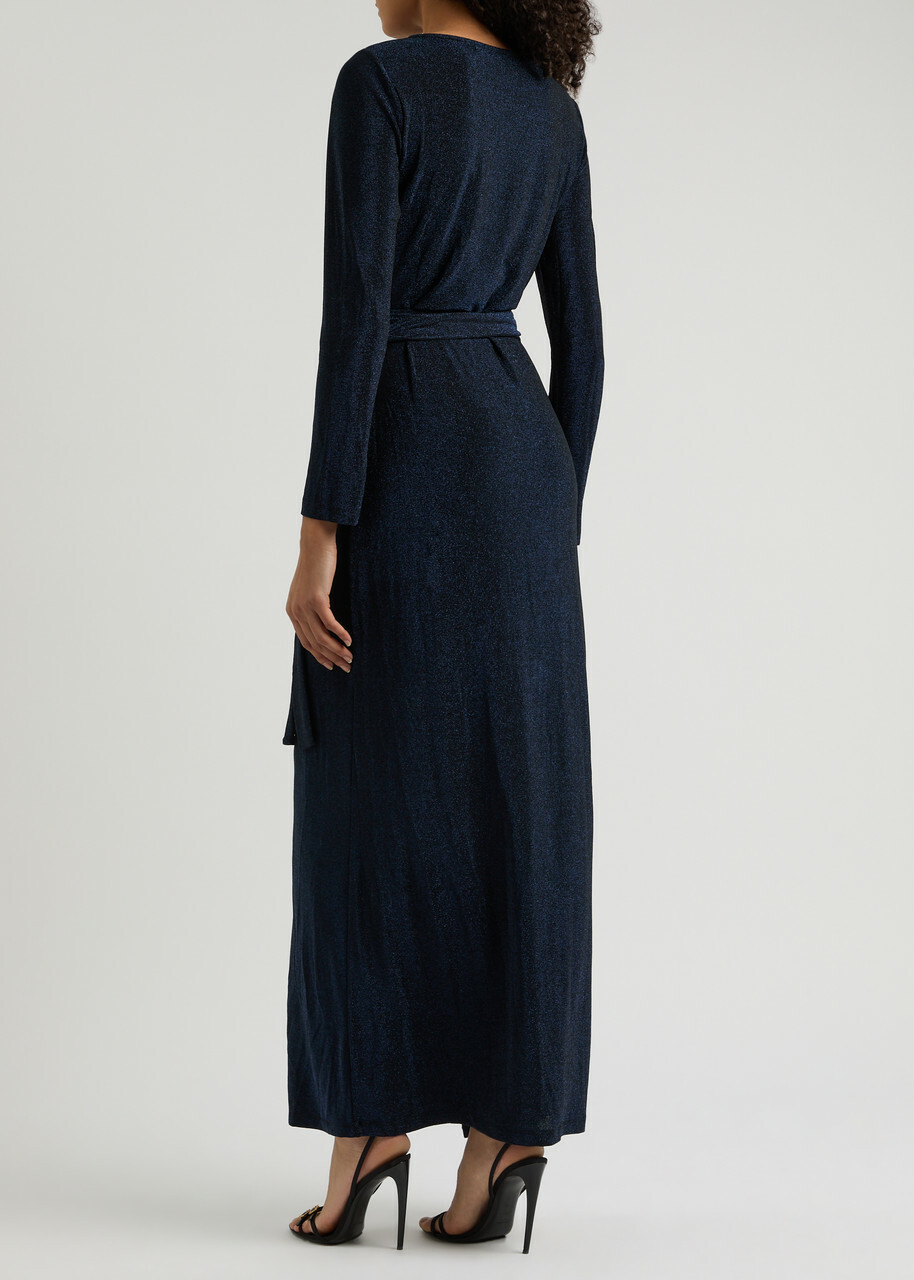 Diane Von Furstenberg Simona Wrap-effect Lamé Maxi Dress Dark Navy