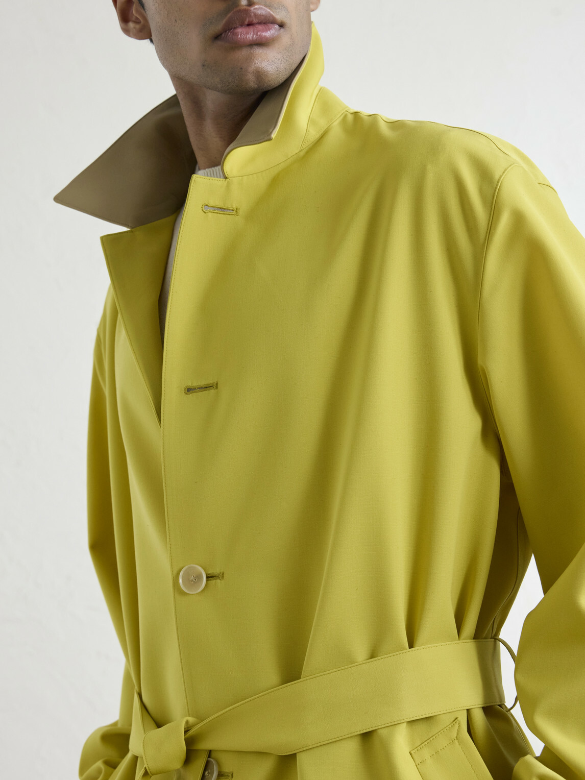 Auralee - Belted Leather-Trimmed Wool-Canvas Trench Coat - Yellow