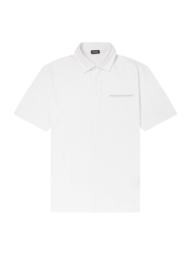 Photo: Zegna - Leather-Trimmed Cotton-Piqué Polo Shirt - White