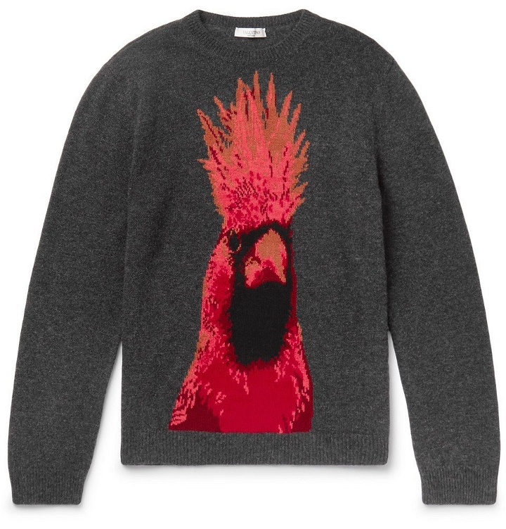 Photo: Valentino - Parrot-Intarsia Virgin Wool and Cashmere-Blend Sweater - Men - Charcoal