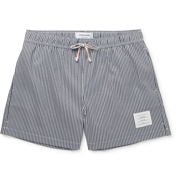 Photo: Thom Browne - Slim-Fit Short-Length Striped Seersucker Swim Shorts - Blue