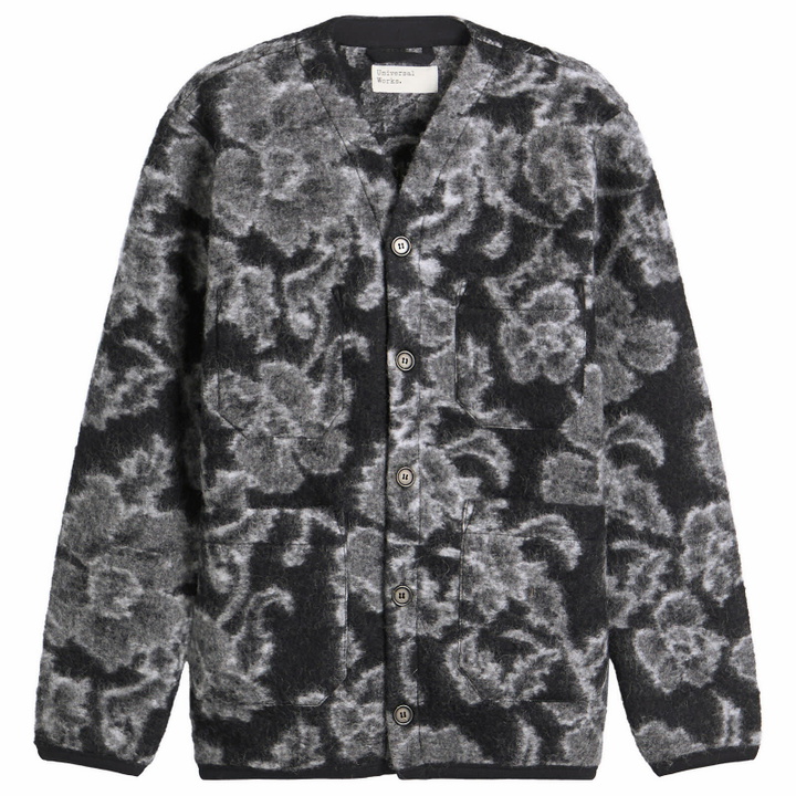 Photo: Universal Works Men's Flower Fleece Cardigan in Charcoal