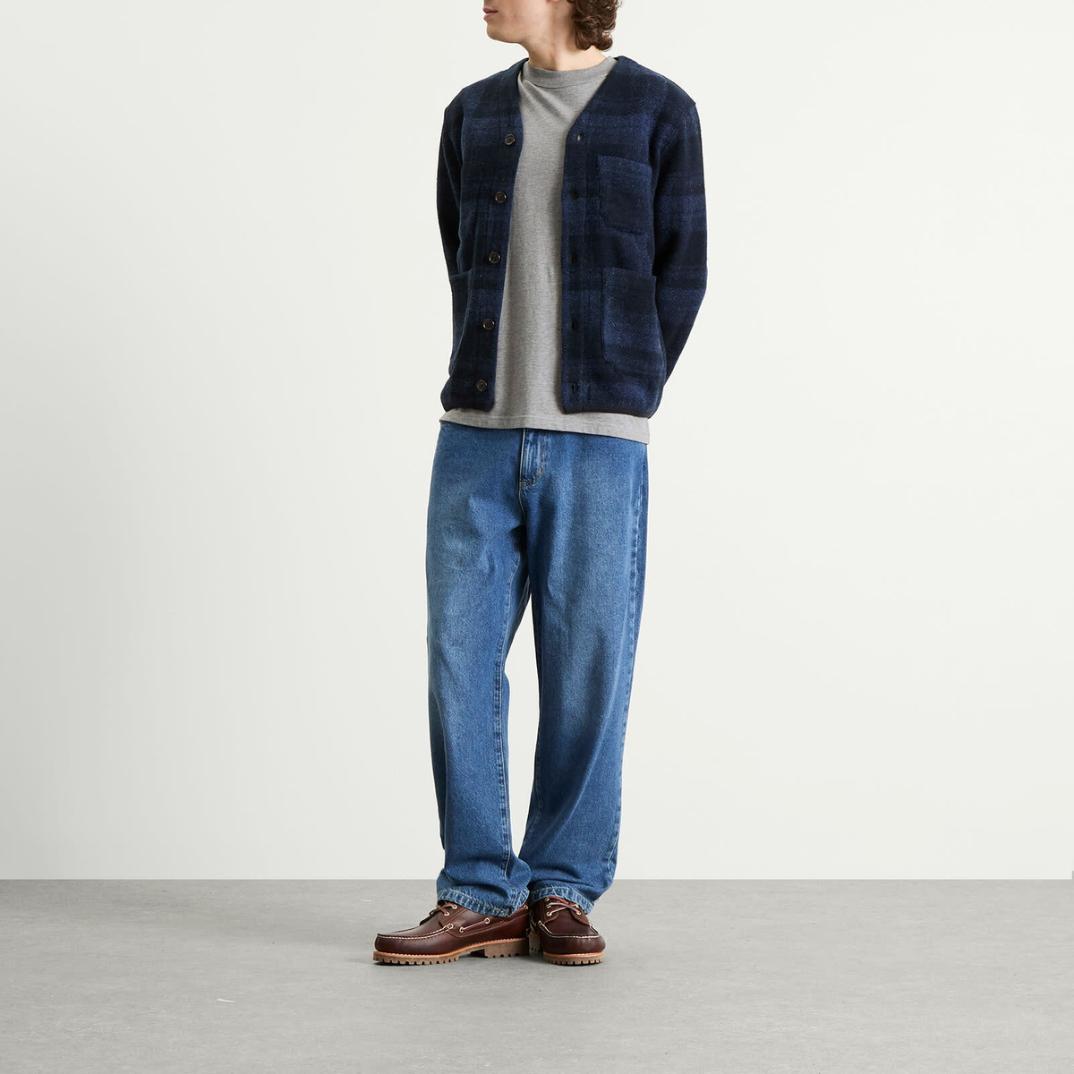 Universal Works Men's MOH Check Fleece Cardigan in Navy
