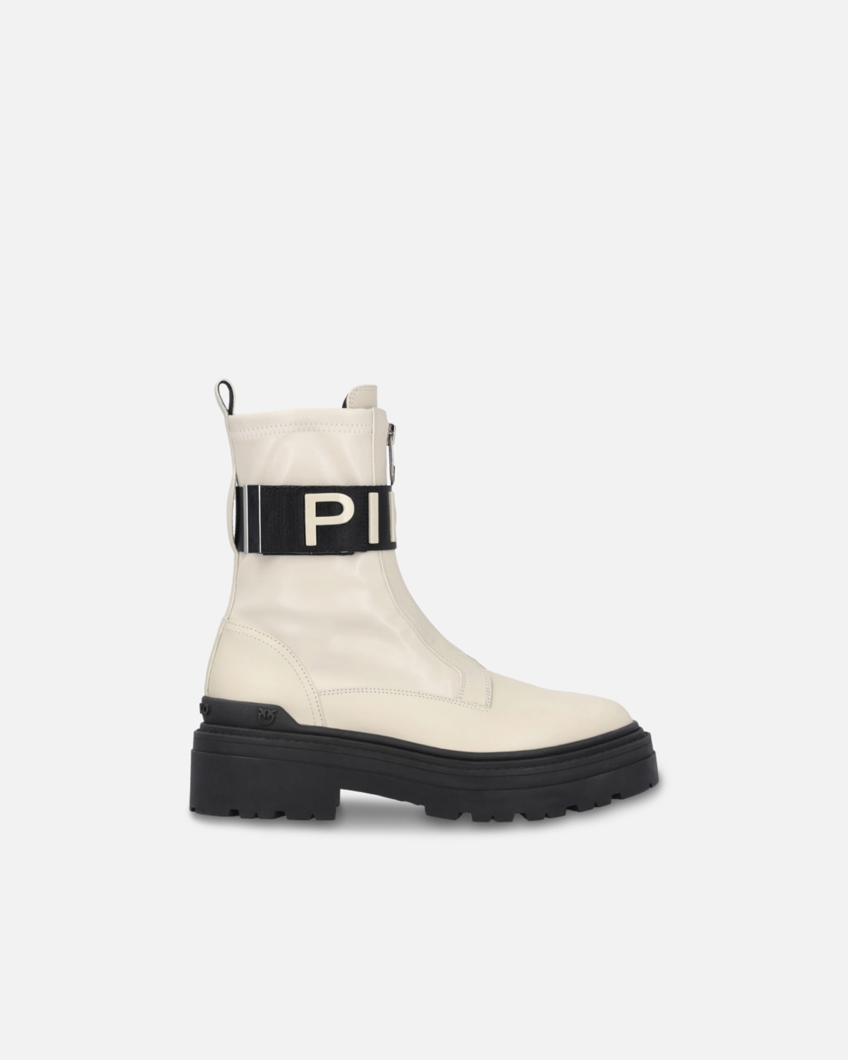 Pinko Leather Combat Boots With Branded Front Stretch Ribbon Yoghurt