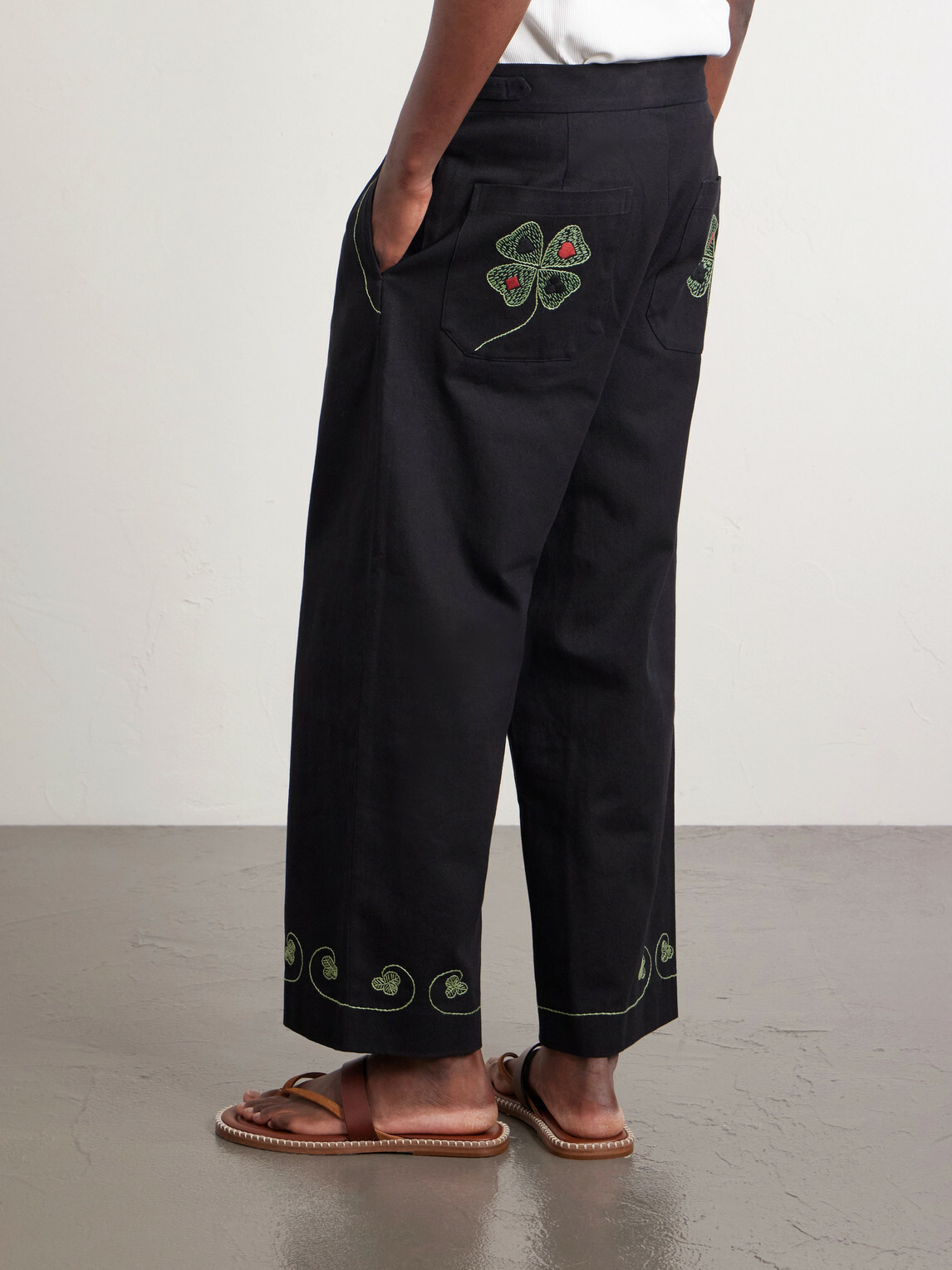 BODE - Lucky Draw Straight-Leg Pleated Embroidered Cotton-Twill Trousers - Black
