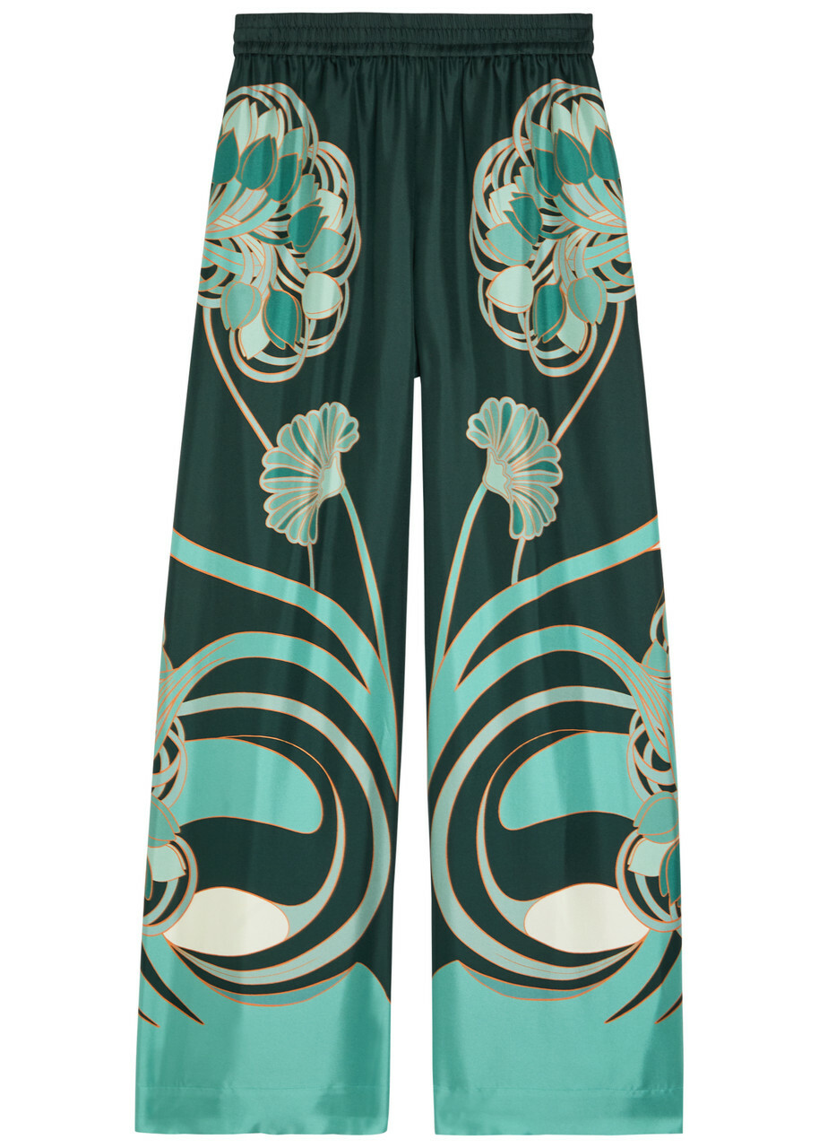 LA Double J Printed Silk-twill Palazzo Trousers Black