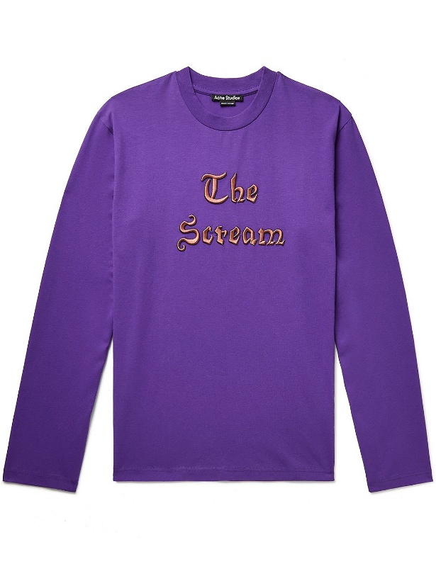 Photo: Acne Studios - Edvard Munch The Scream Printed Embroidered Cotton-Blend Jersey T-Shirt - Purple