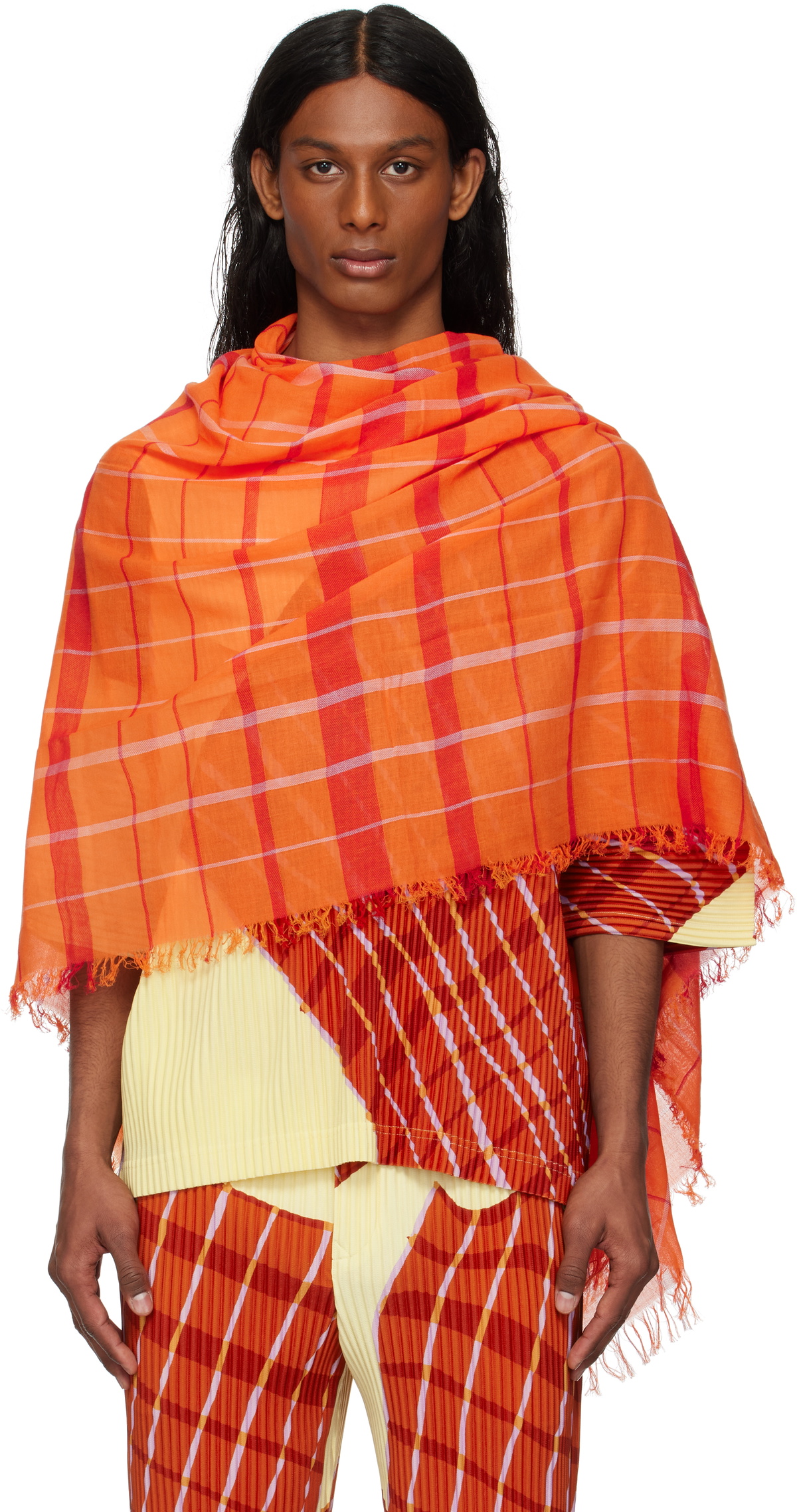 HOMME PLISSÉ ISSEY MIYAKE Orange Plaid Stole Scarf Homme Plisse