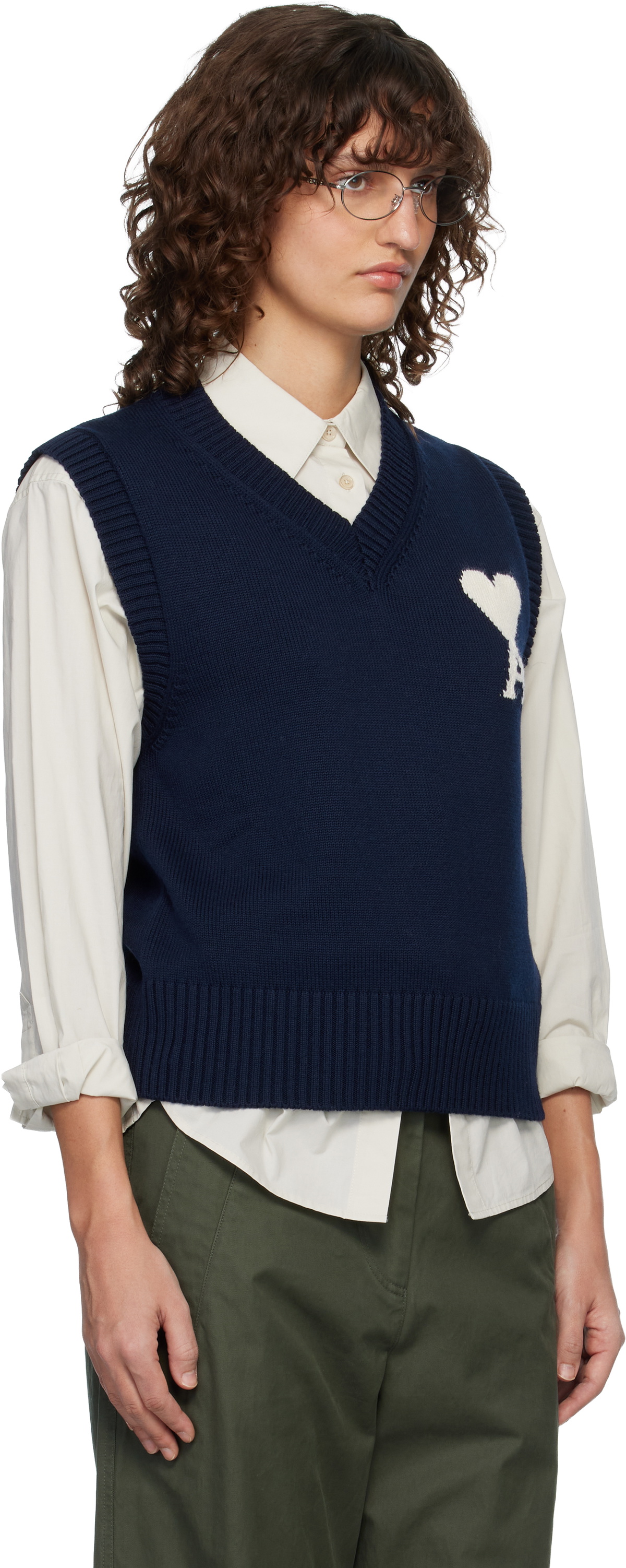 AMI Paris Navy Wool & Cotton Sleeveless Ami de Coeur Vest