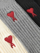 AMI PARIS - Three-Pack Logo-Embroidered Ribbed Cotton-Blend Socks - Neutrals