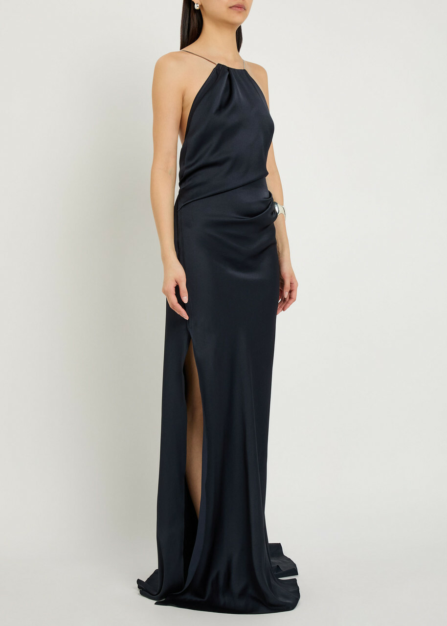 Victoria Beckham Draped Halterneck Satin-crepe Gown Navy