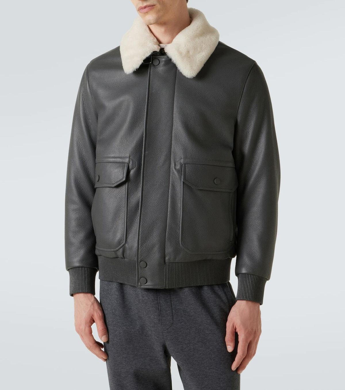 Brioni Shearling-trimmed leather bomber jacket