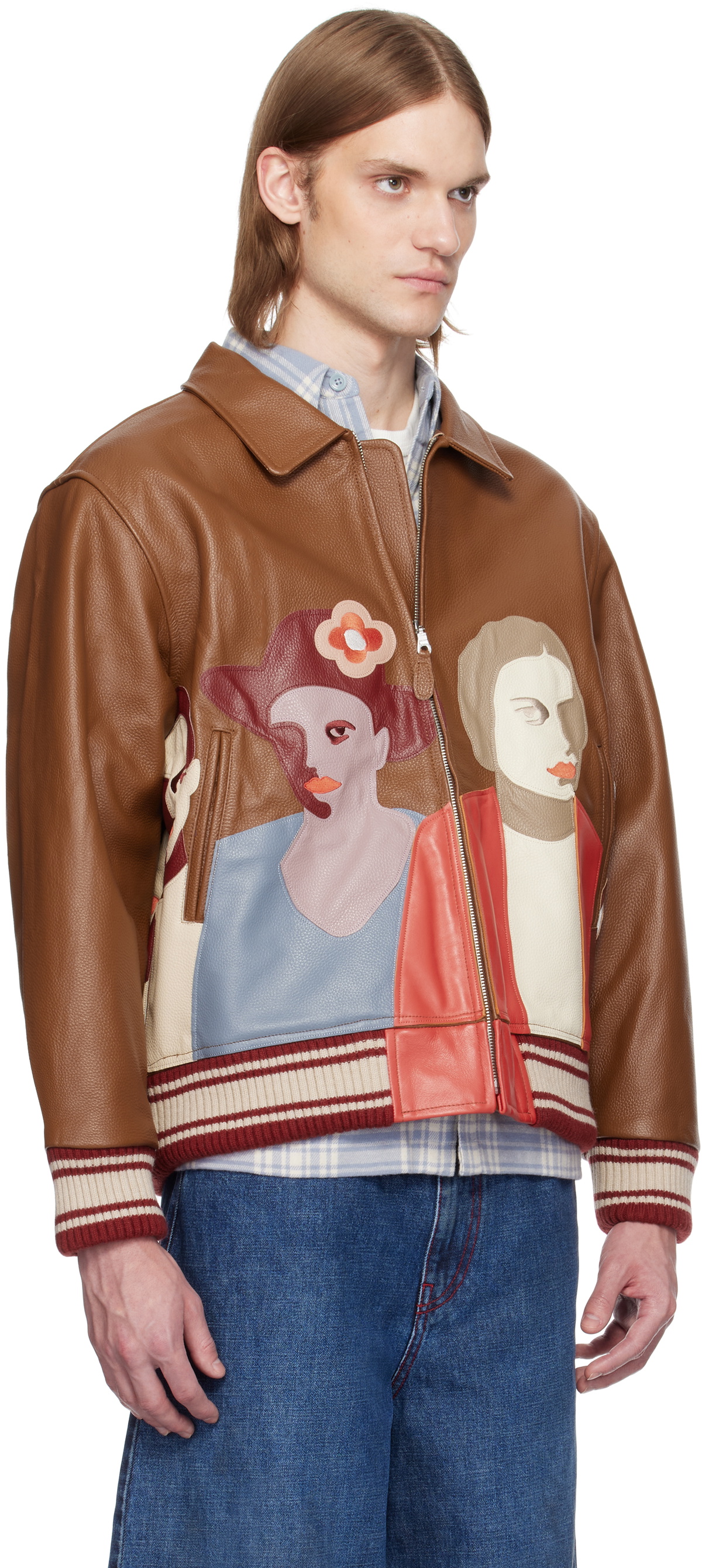 KidSuper Brown Patchwork Portraits Leather Varsity Jacket