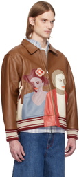 KidSuper Brown Patchwork Portraits Leather Varsity Jacket