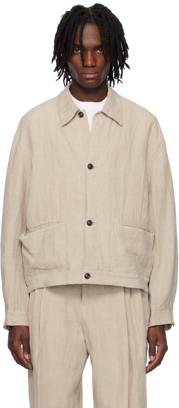 Photo: SOSHIOTSUKI Beige Linen Washer Manipulation Drape Pocket Jacket