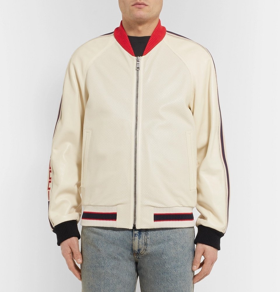 Gucci Gucci Print Leather Bomber Jacket at 1stDibs