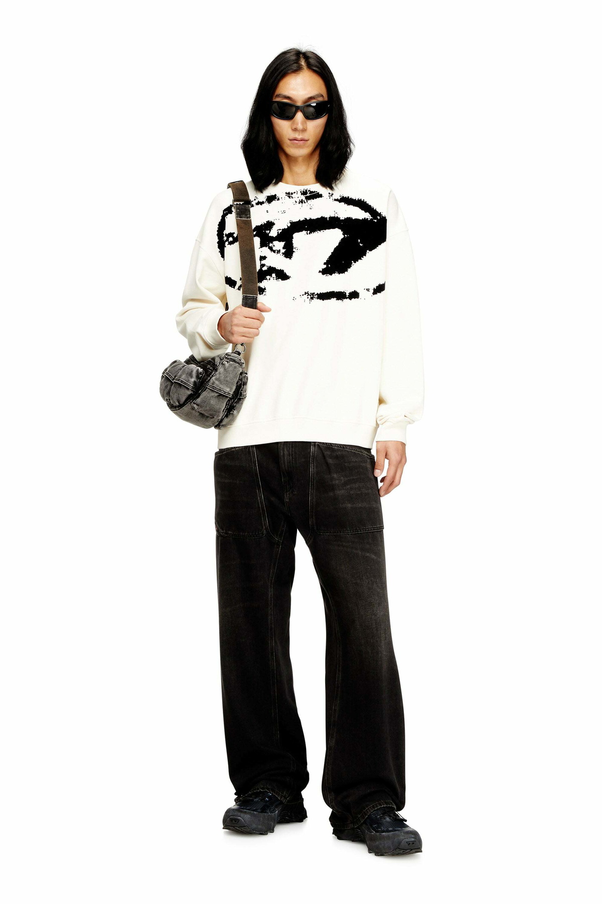 Diesel Sweatshirt with distressed flocked logo - Sweaters Mens in Multicolor