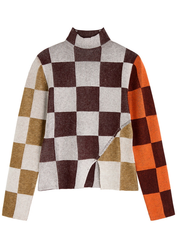 Photo: Stine Goya Colour-block Checked Ribbed-knit Jumper Brown