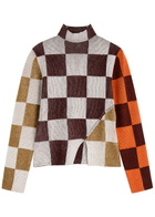 Stine Goya Colour-block Checked Ribbed-knit Jumper Brown